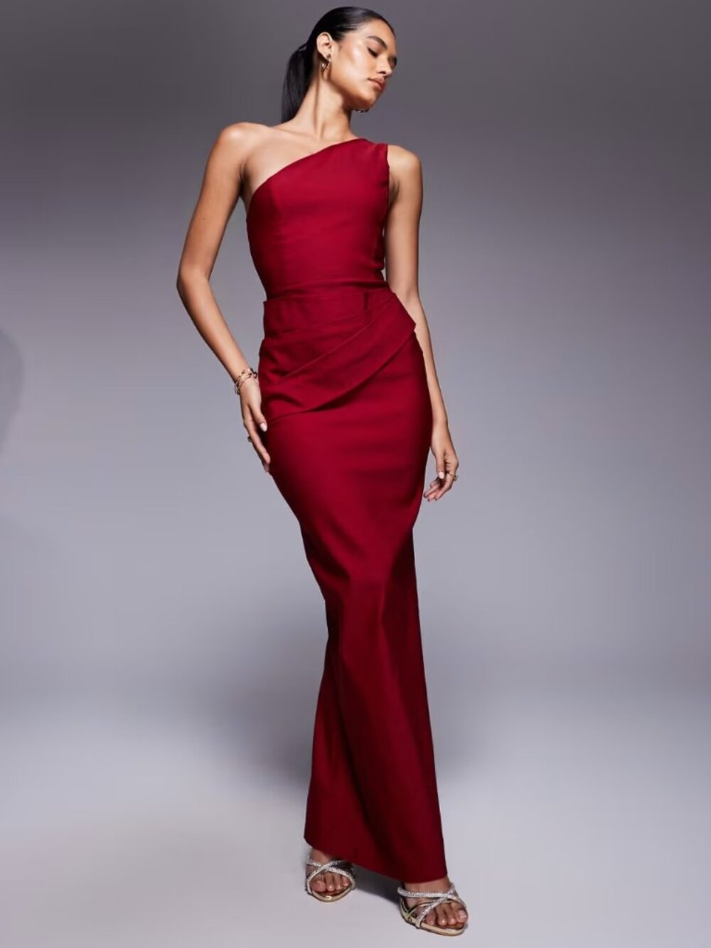ASOS Vesper bengaline one shoulder ruched drape waist detail maxi dress in wine